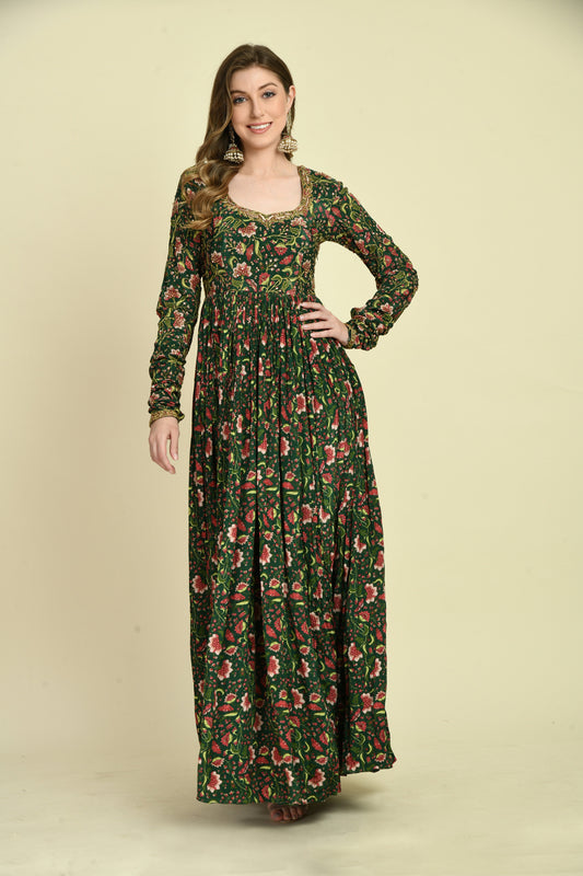 Green Floral Hand Embellished Full-Sleeve Long Dress with Designer Back