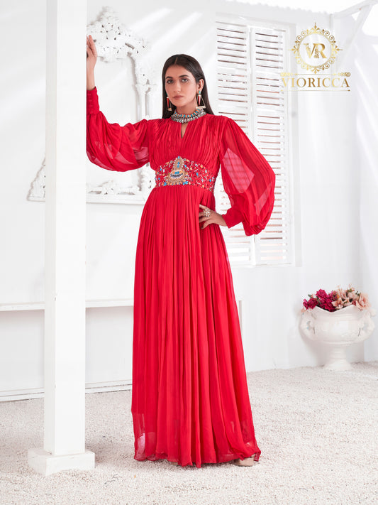 Scarlet – Red High-Neck Hand Embellished Long Dress