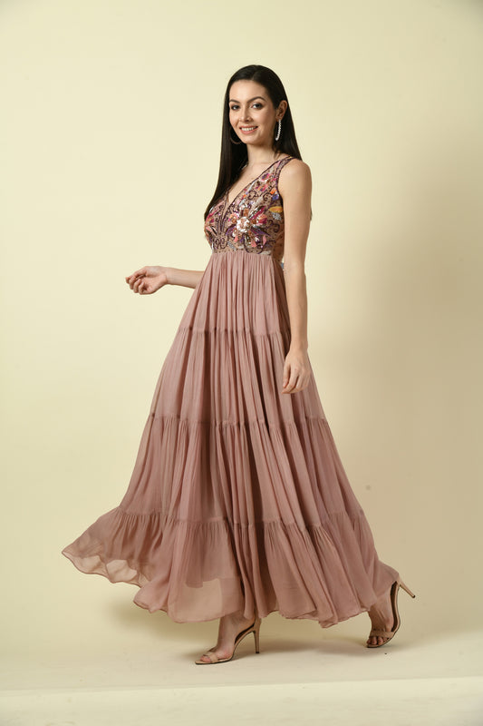 Onion Pink Hand Embellished Sleeveless Long Dress