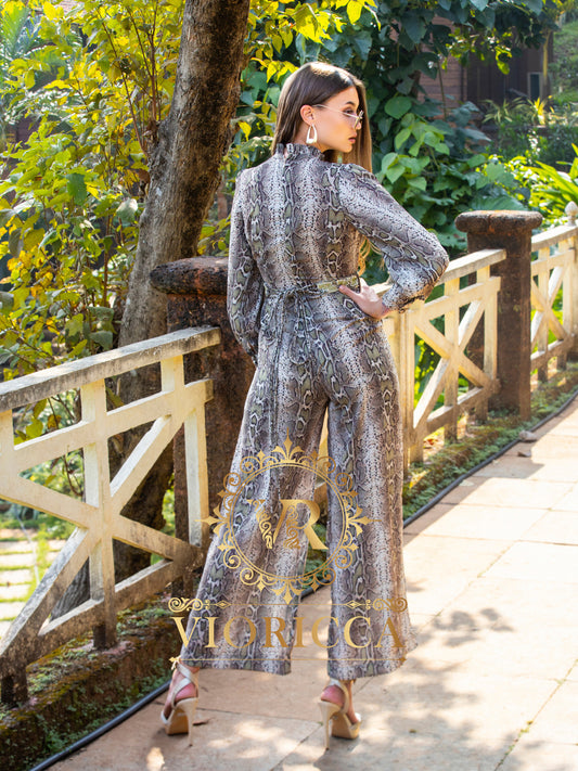 High-Neck Snake Print Jumpsuit with Hand Embroidered Belt