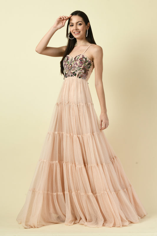 Peach Thread Hand Embellished Flared Net Long Dress