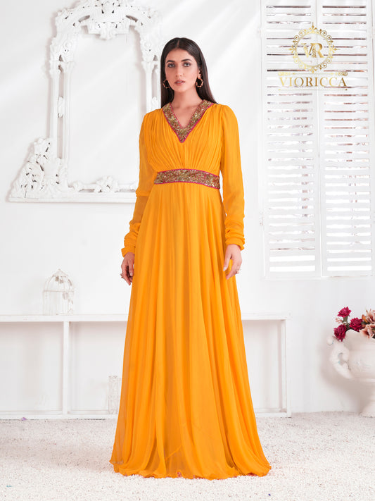 Fantasy — Dark Yellow Hand Embellished Long Dress