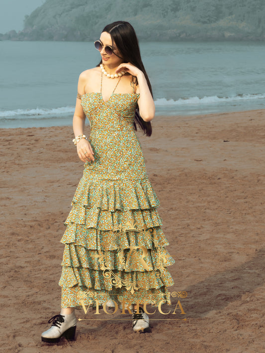 Frilled Floral Viscose Maxi Dress