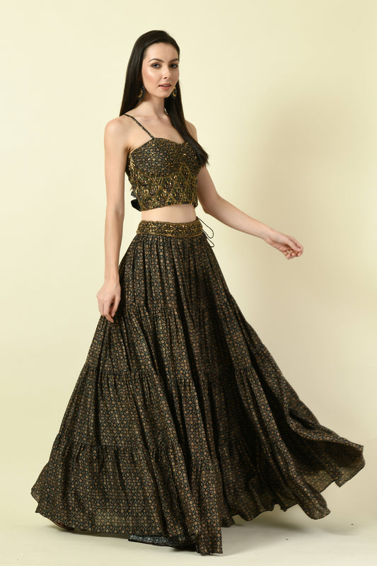 Hand Embellished Printed Bustier and Lehenga Set