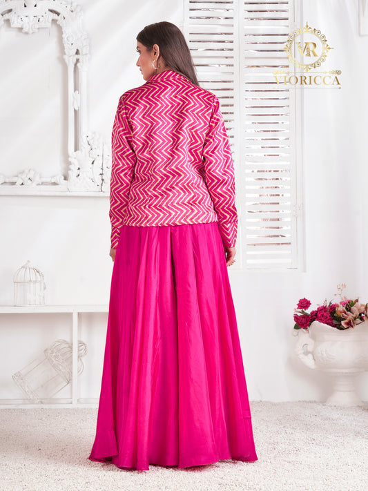 Pink Geo Print Blazer, Crop Top and Lehenga Set
