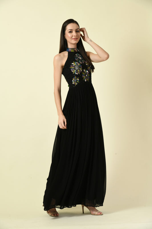 Black Hand Embellished Halter Neck Long Dress