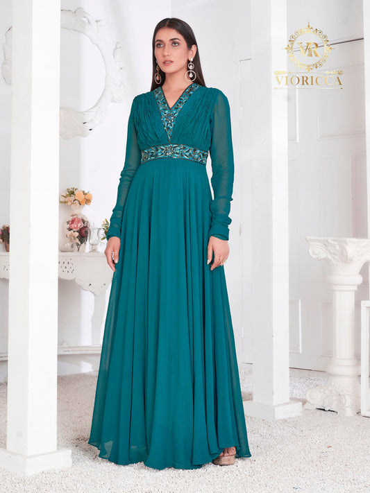 Miranda – Rama Green Hand Embellished V-Neck Long Dress