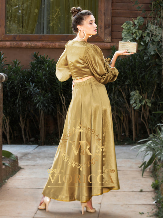 Oversized-Sleeve Ring Waist Gajji Silk Long Dress