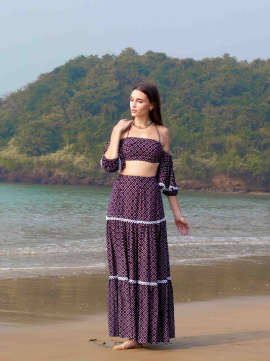 Off-Shoulder Laced Crop Top and Layered Long Skirt Resort Co-ord
