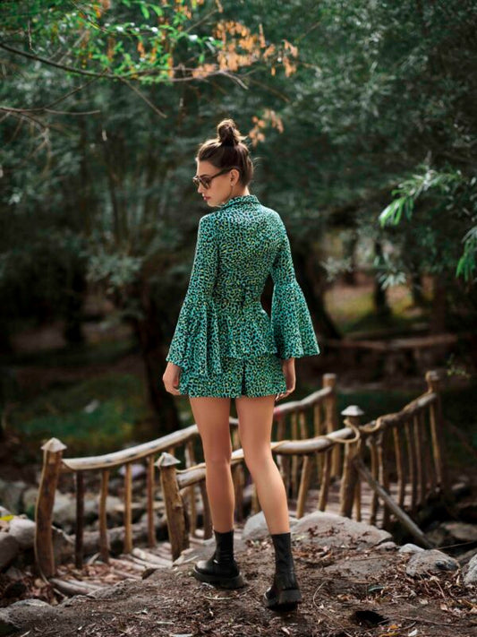 Front Tie-Up Crop Top and Double-Frill Skirt Co-ord — Green Cheetah