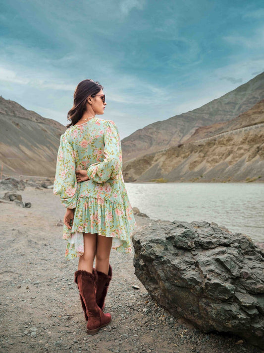 Oversized Full-Sleeve Printed Short Dress