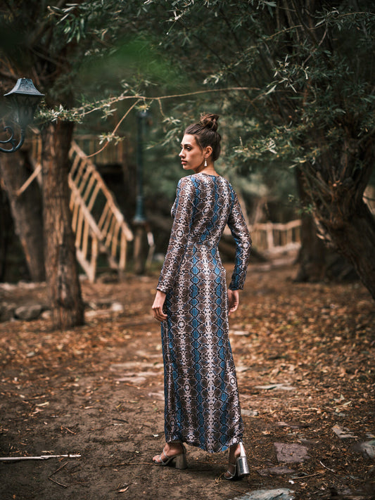 Muslin Satin Overlapping Long Dress — Blue Snake Print