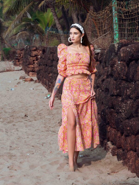 Square-Neck Crop Top and Side-Slit Long Skirt Co-ord – Cotton Floral