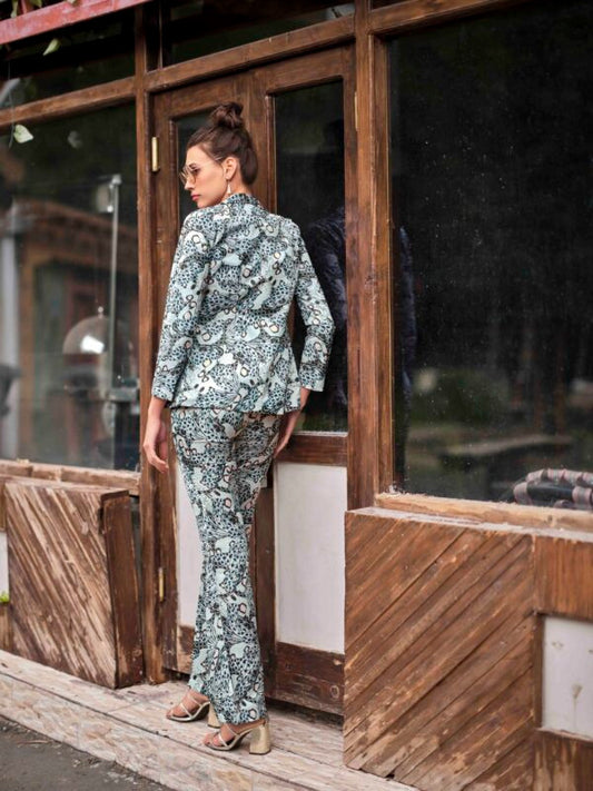 3-Piece Butterfly Print Blazer, Crop Top and Straight Pant Co-ord