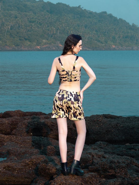Knitted Co-ord: Zipped Crop Top and Shorts – Camouflage Print