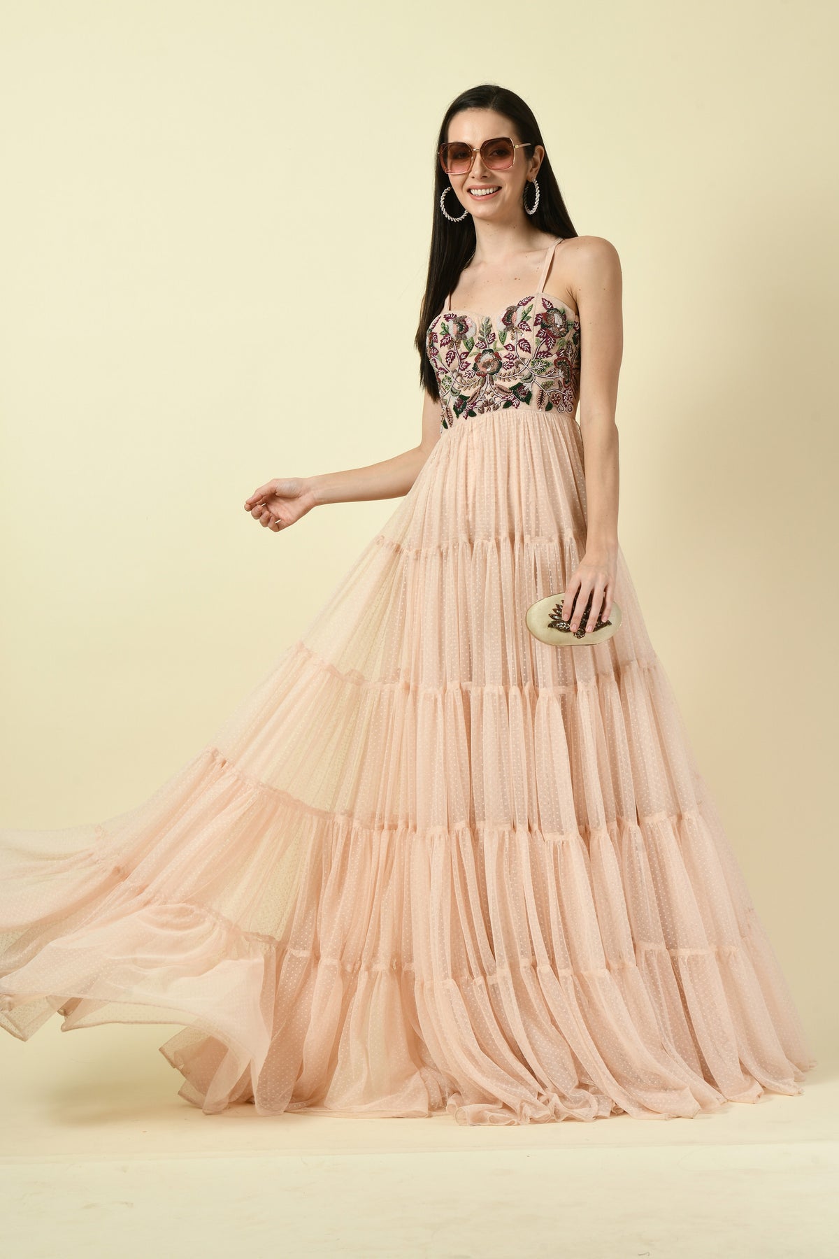 Peach hand-embellished tiered gown