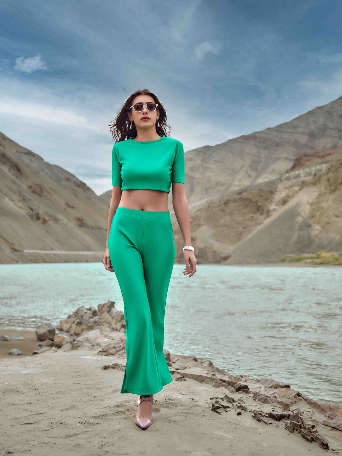 Green crop top and flared pant co-ord in Ladakh