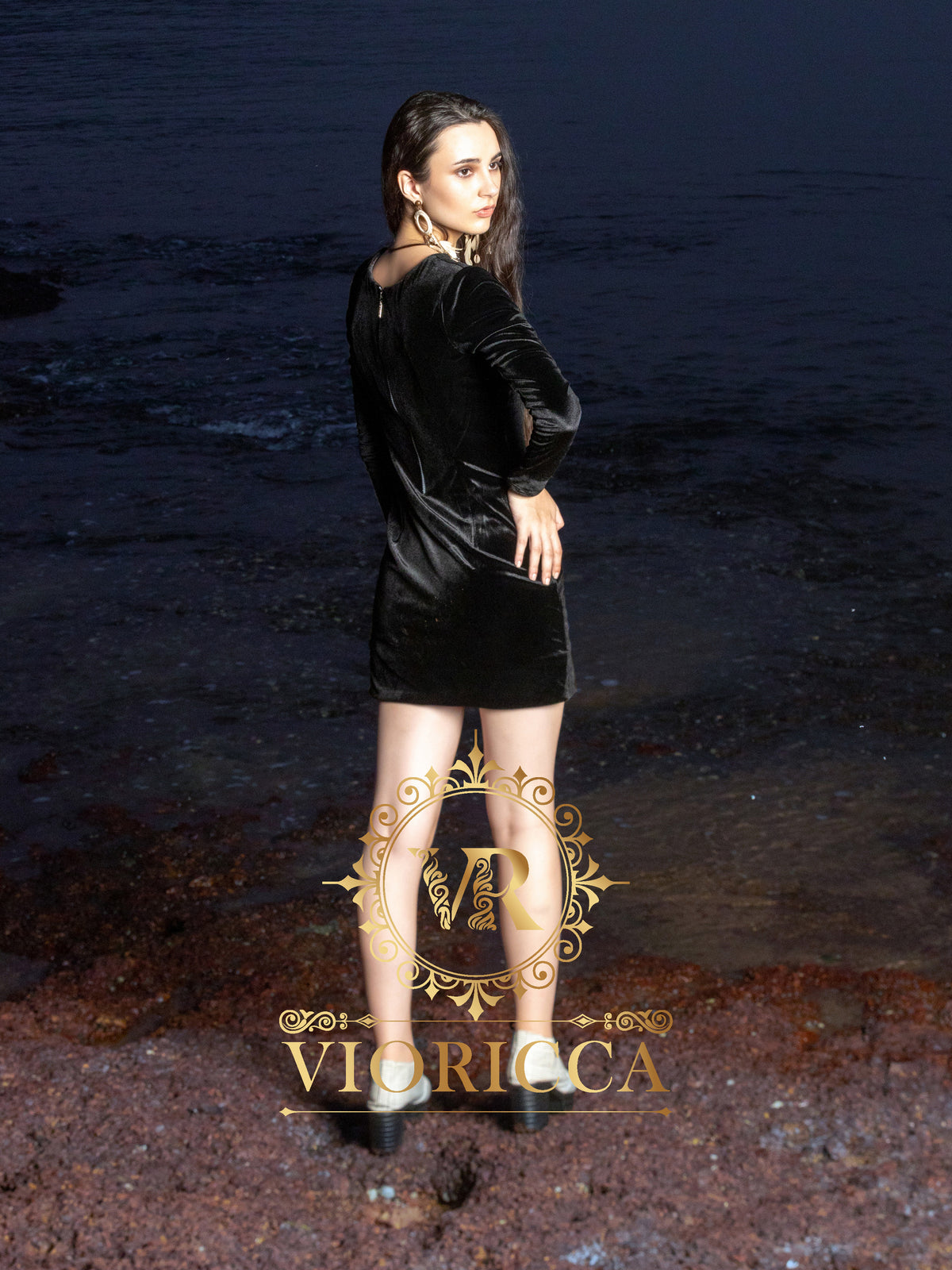 Asymmetric Full-Sleeve Foil Velvet Short Dress