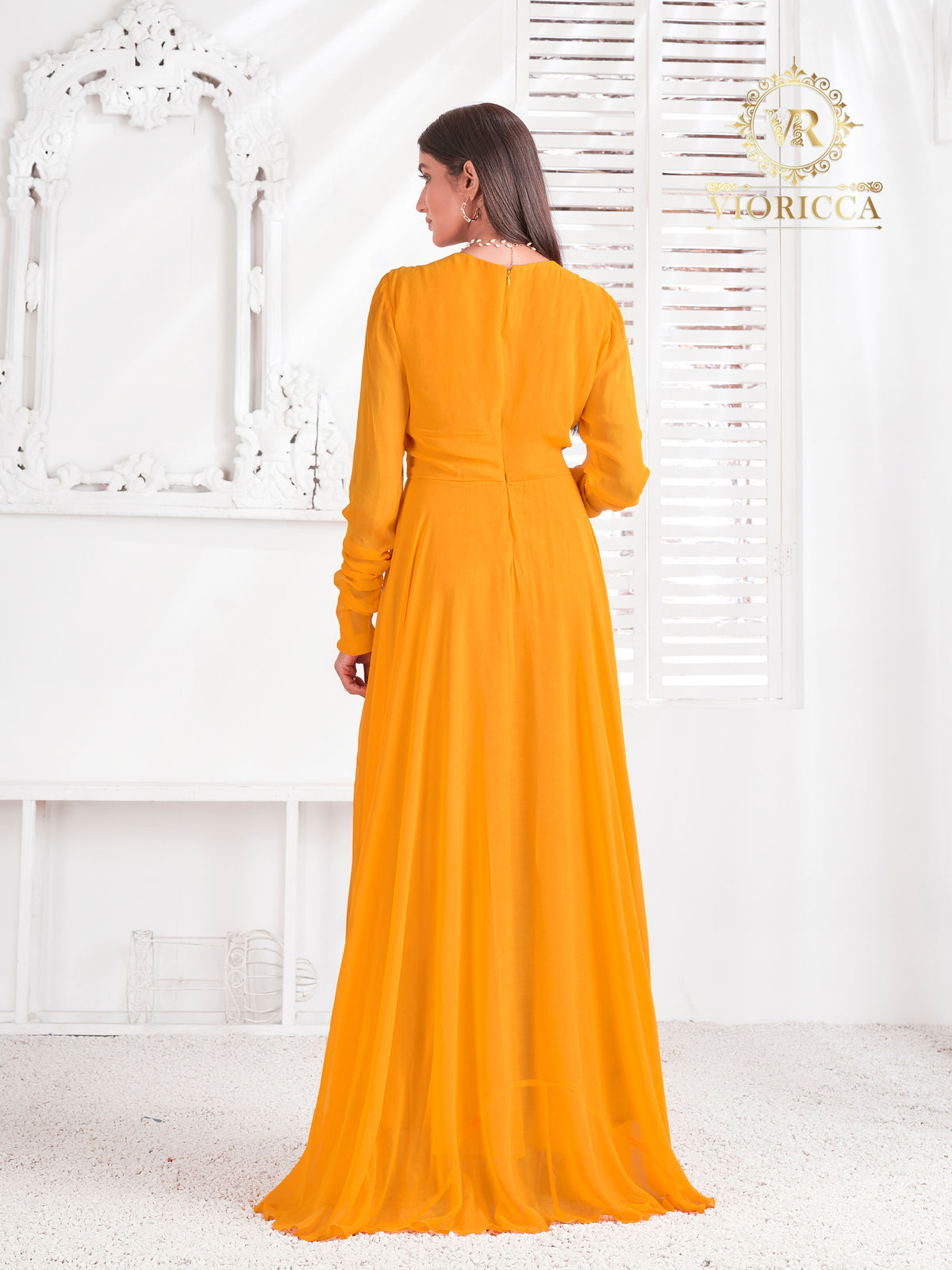 Fantasy — Dark Yellow Hand Embellished Long Dress