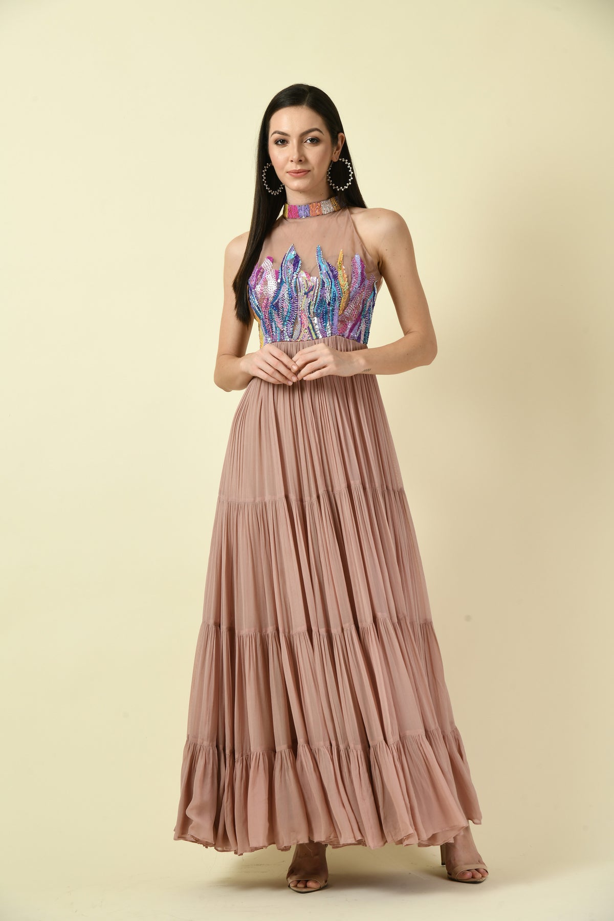 Onion Pink Hand Embellished Halter Neck Long Dress