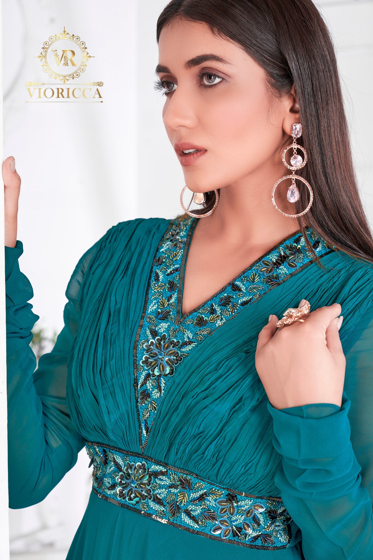 Miranda – Rama Green Hand Embellished V-Neck Long Dress
