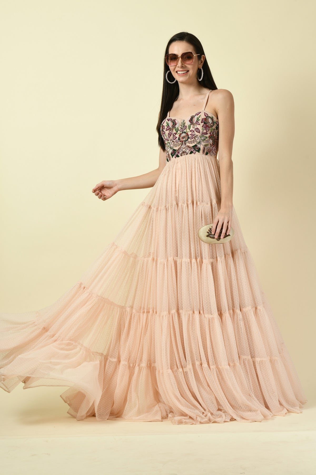 Peach Thread Hand Embellished Flared Net Long Dress