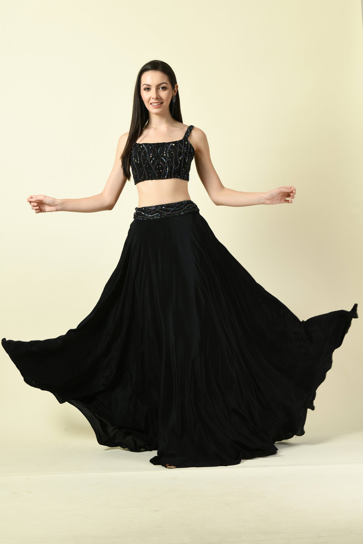 Black Hand Embellished Crop Top and Lehenga Set