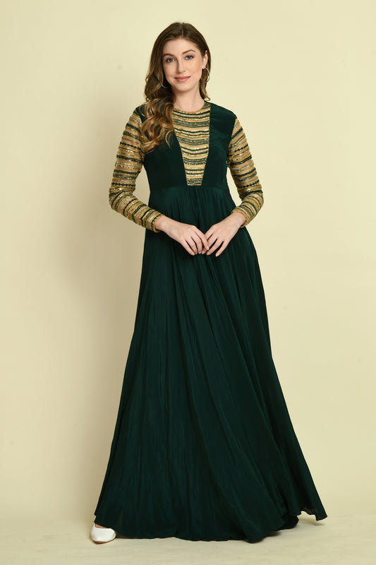 Dark Green Hand Embellished Full-Sleeve Crepe Long Dress