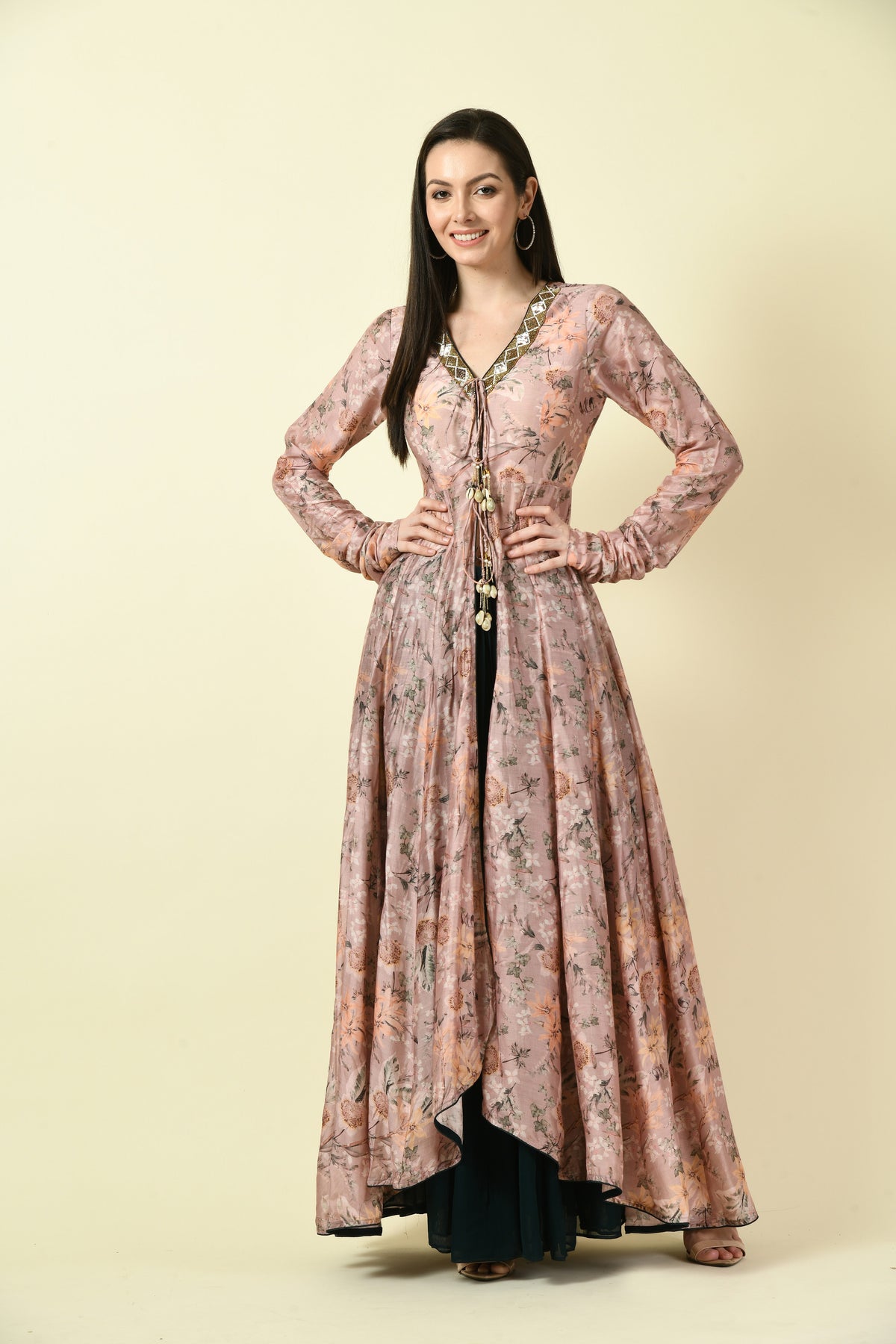 Onion Pink Hand Embellished Floral Kurti with Bottle Green Palazzo