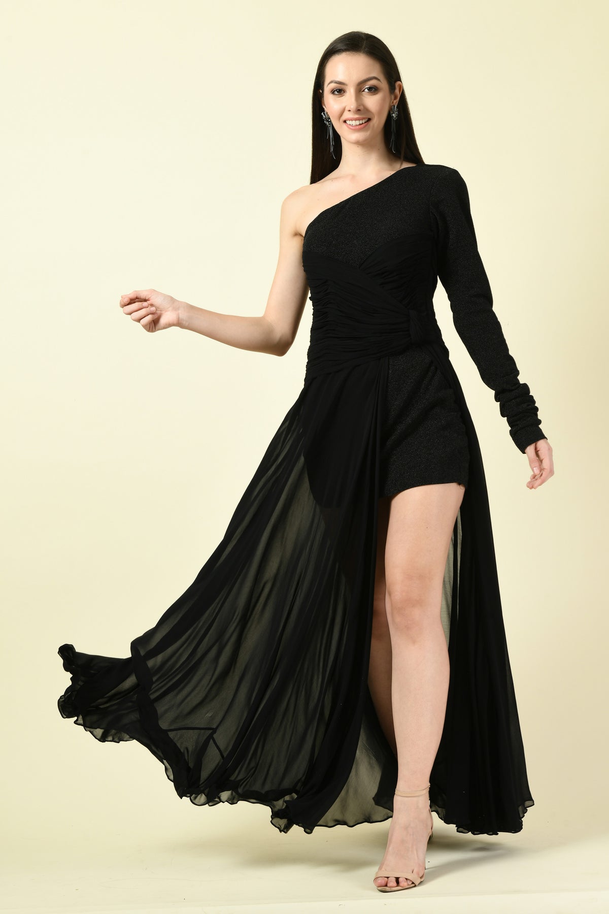 Black Asymmetric Bangle-Sleeve Georgette Long Dress