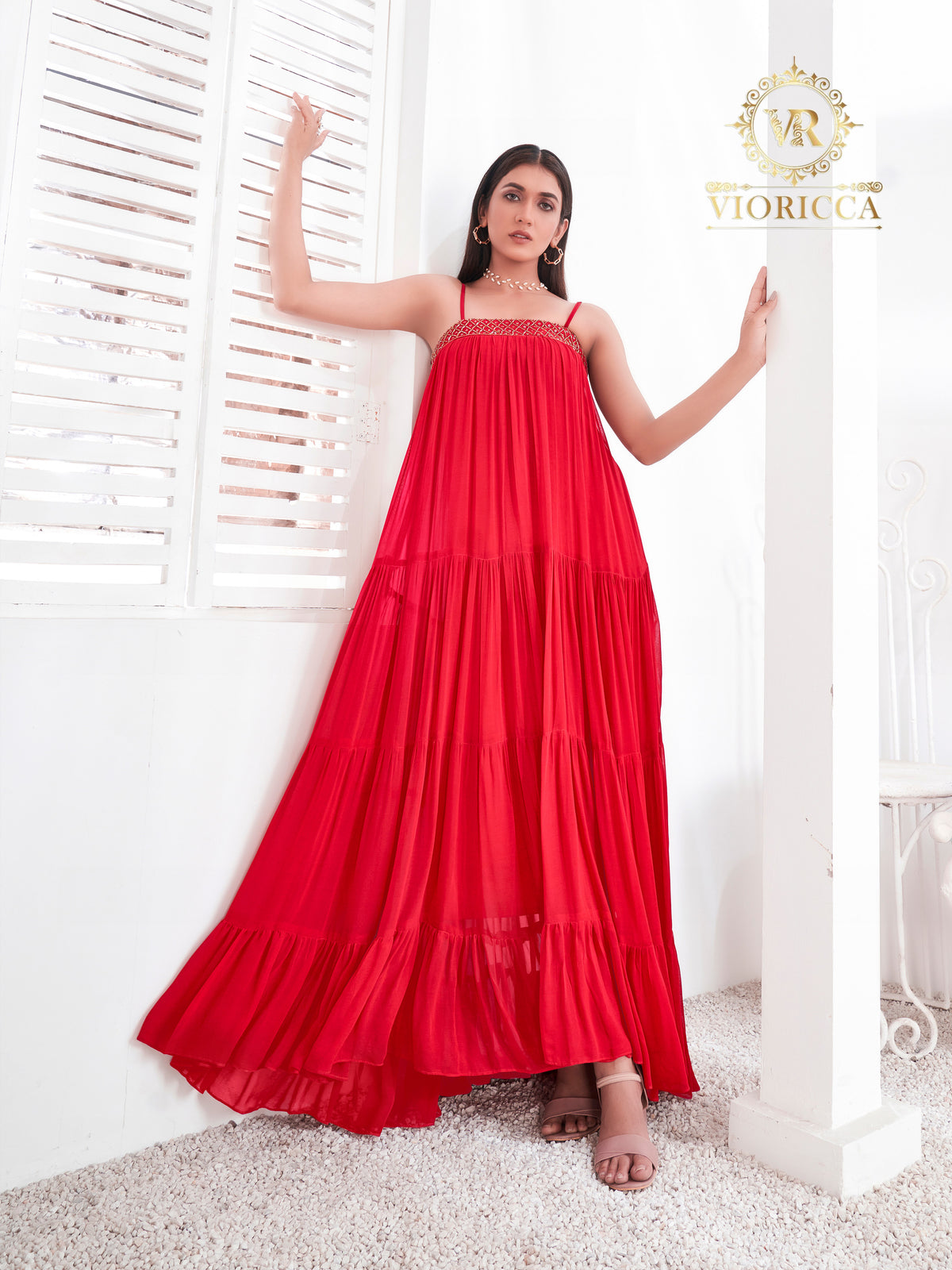 Barbara – Red Square-Neck Hand Embellished Long Dress