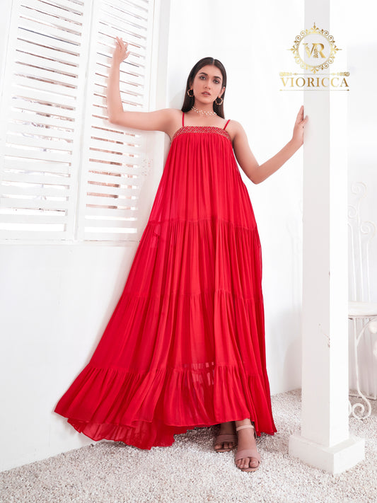 Barbara – Red Square-Neck Hand Embellished Long Dress