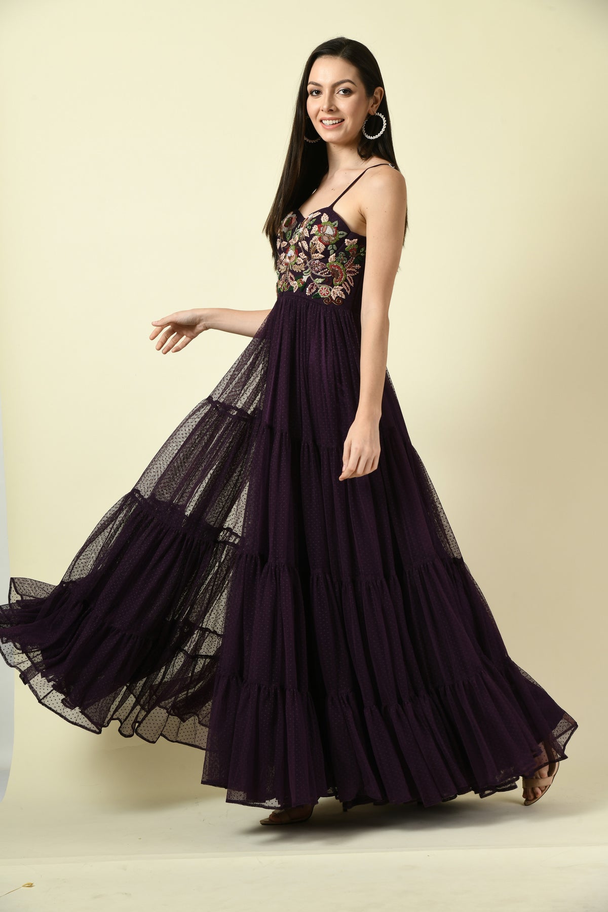 Wine Thread Hand Embellished Flared Net Long Dress