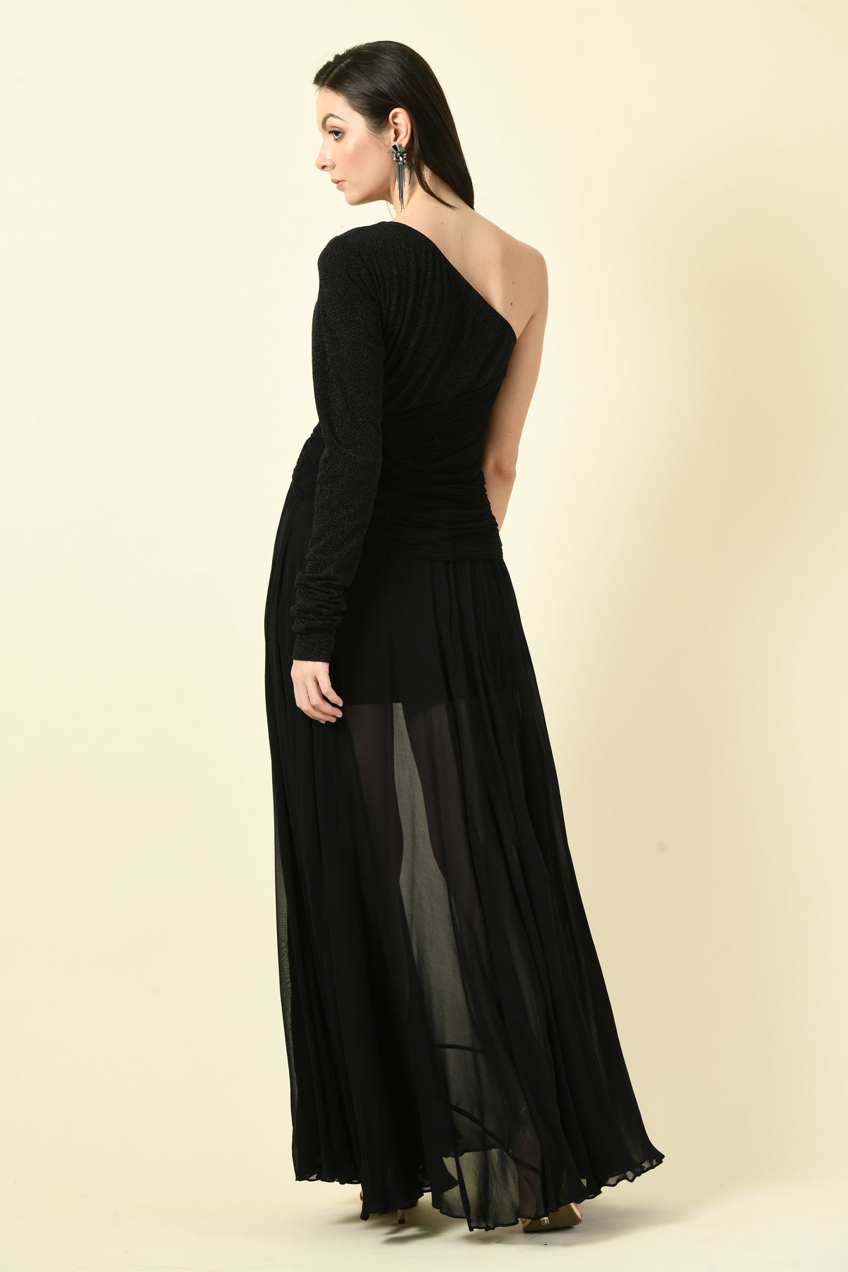 Black Asymmetric Bangle-Sleeve Georgette Long Dress