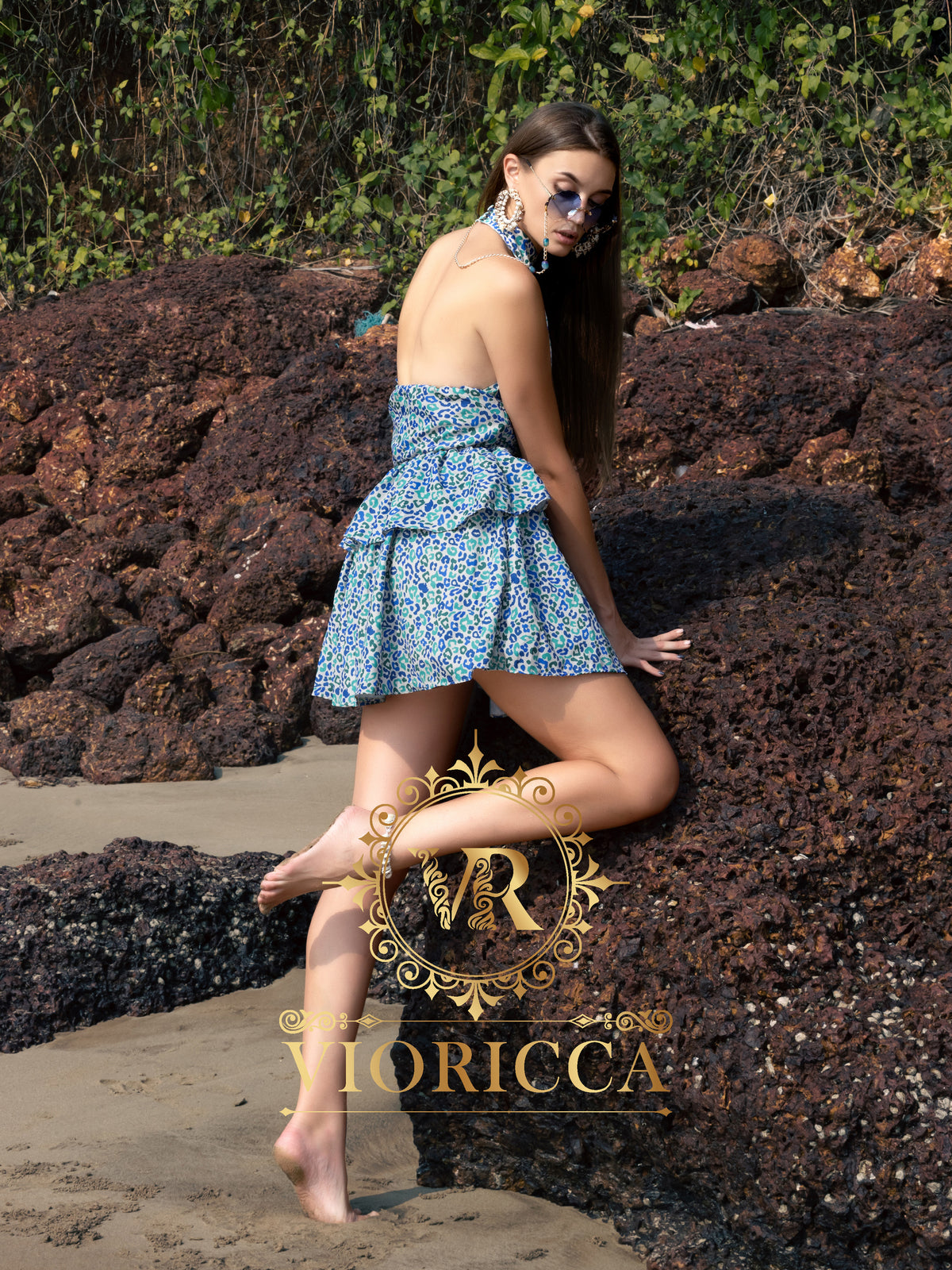 Halter High-Neck Backless Double-Frill Short Dress – Cheetah Print
