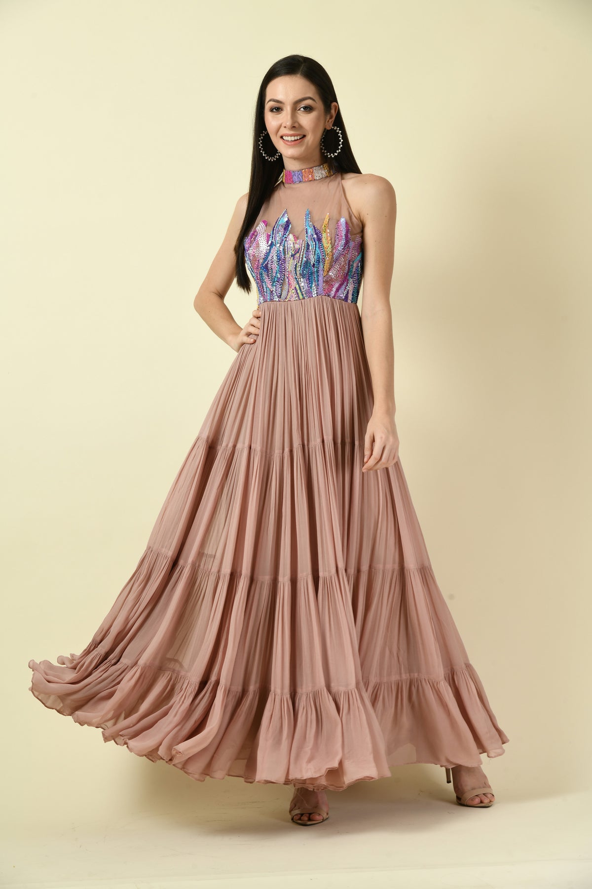 Onion Pink Hand Embellished Halter Neck Long Dress