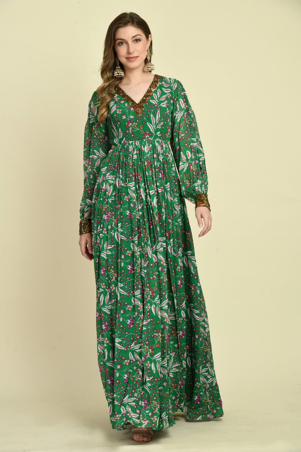 Floral Georgette V-Neck Hand Embellished Gathered Long Dress