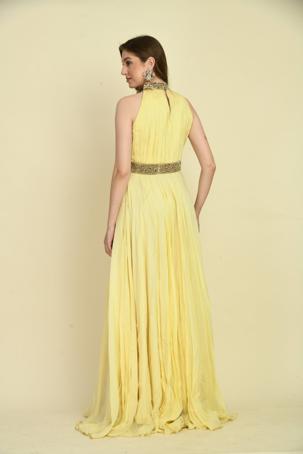 Pale Yellow Hand Embellished Halter Neck Organza Flared Dress