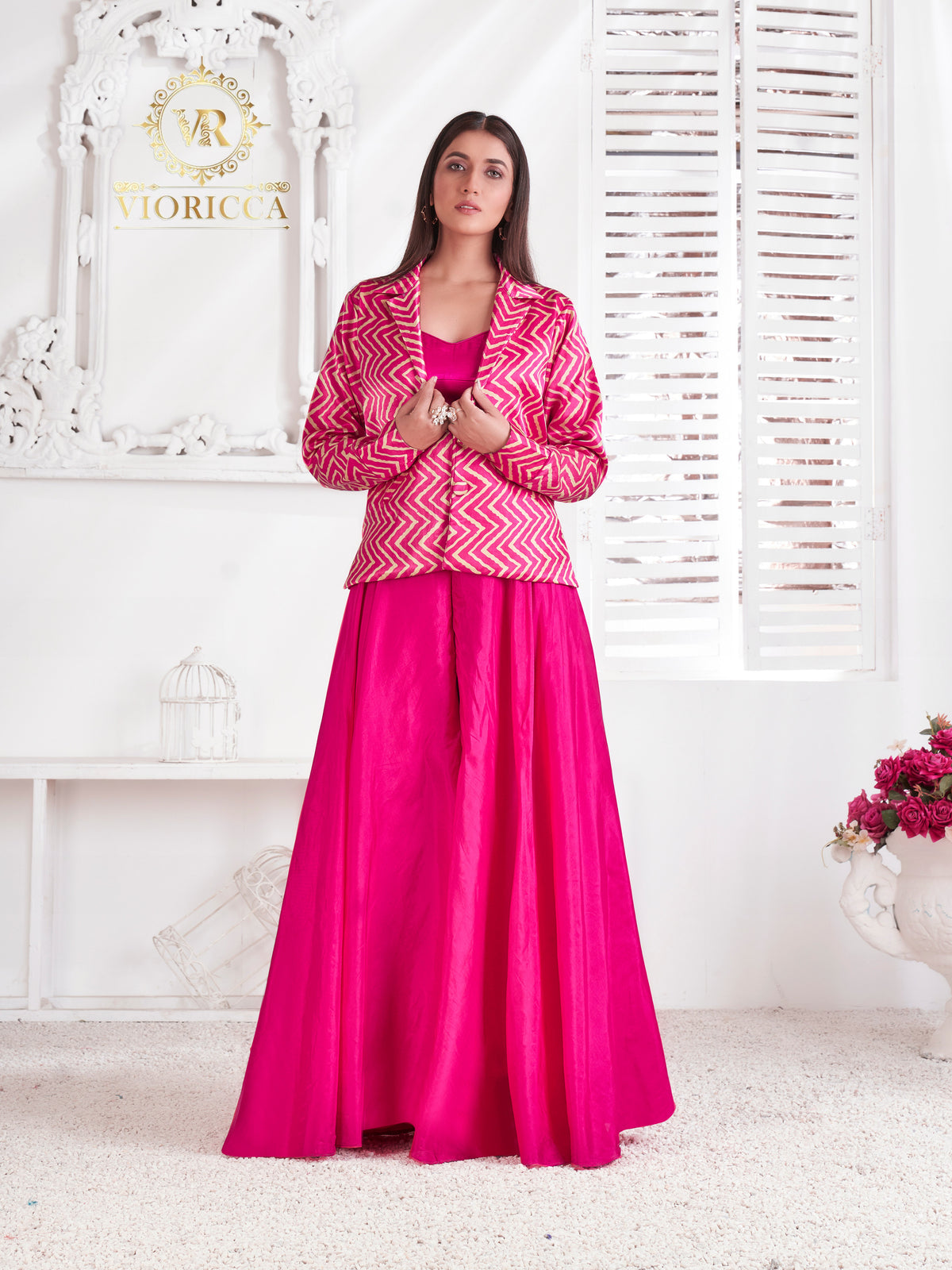 Pink Geo Print Blazer, Crop Top and Lehenga Set
