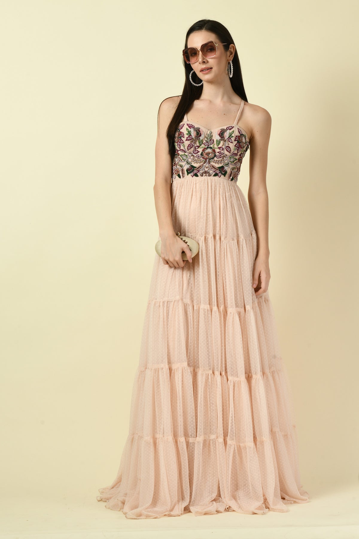 Peach Thread Hand Embellished Flared Net Long Dress