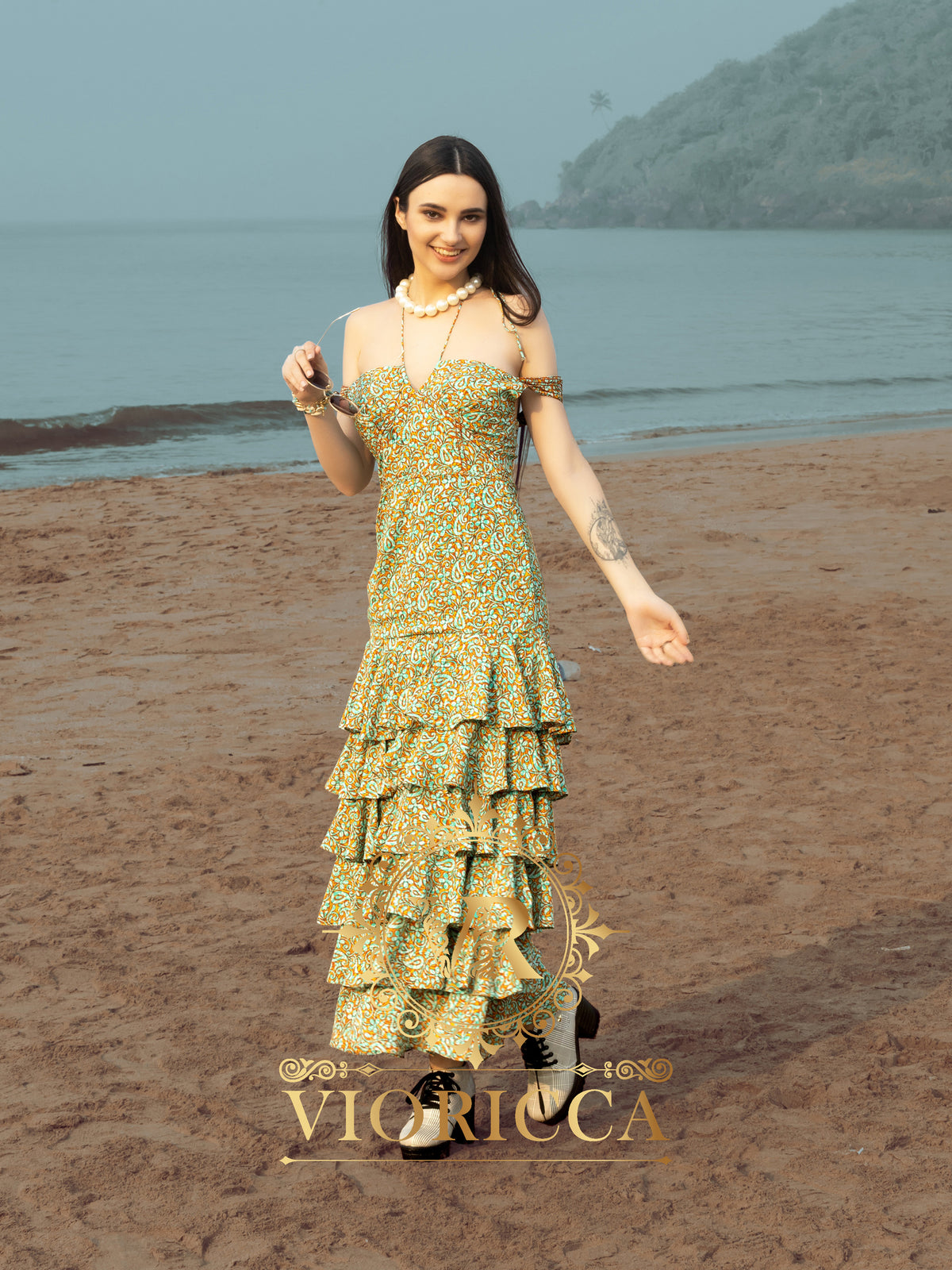 Frilled Floral Viscose Maxi Dress