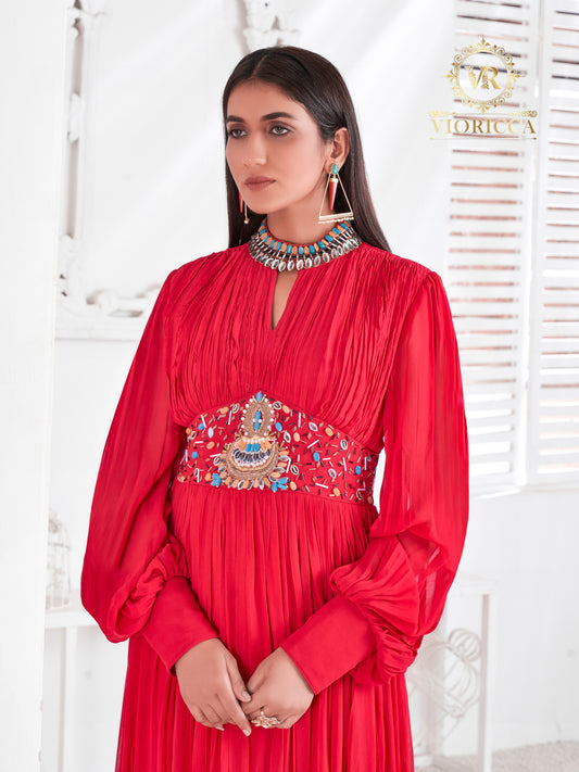 Scarlet – Red High-Neck Hand Embellished Long Dress