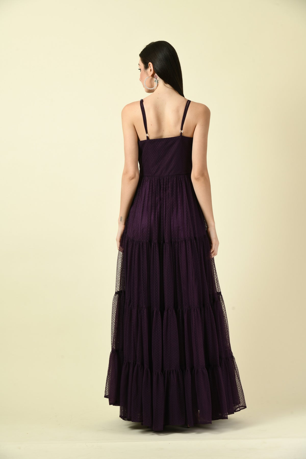 Wine Thread Hand Embellished Flared Net Long Dress