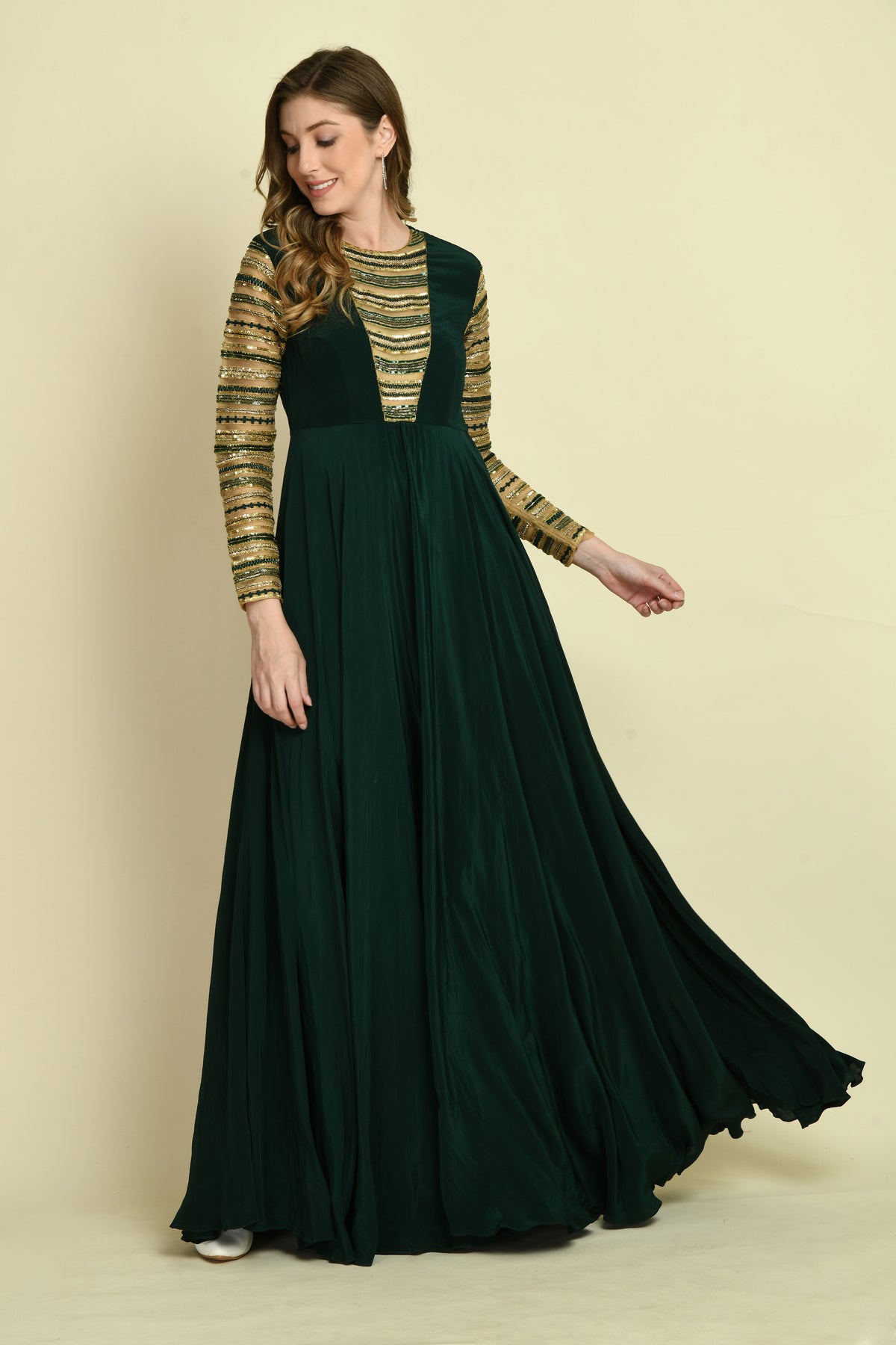 Dark Green Hand Embellished Full-Sleeve Crepe Long Dress
