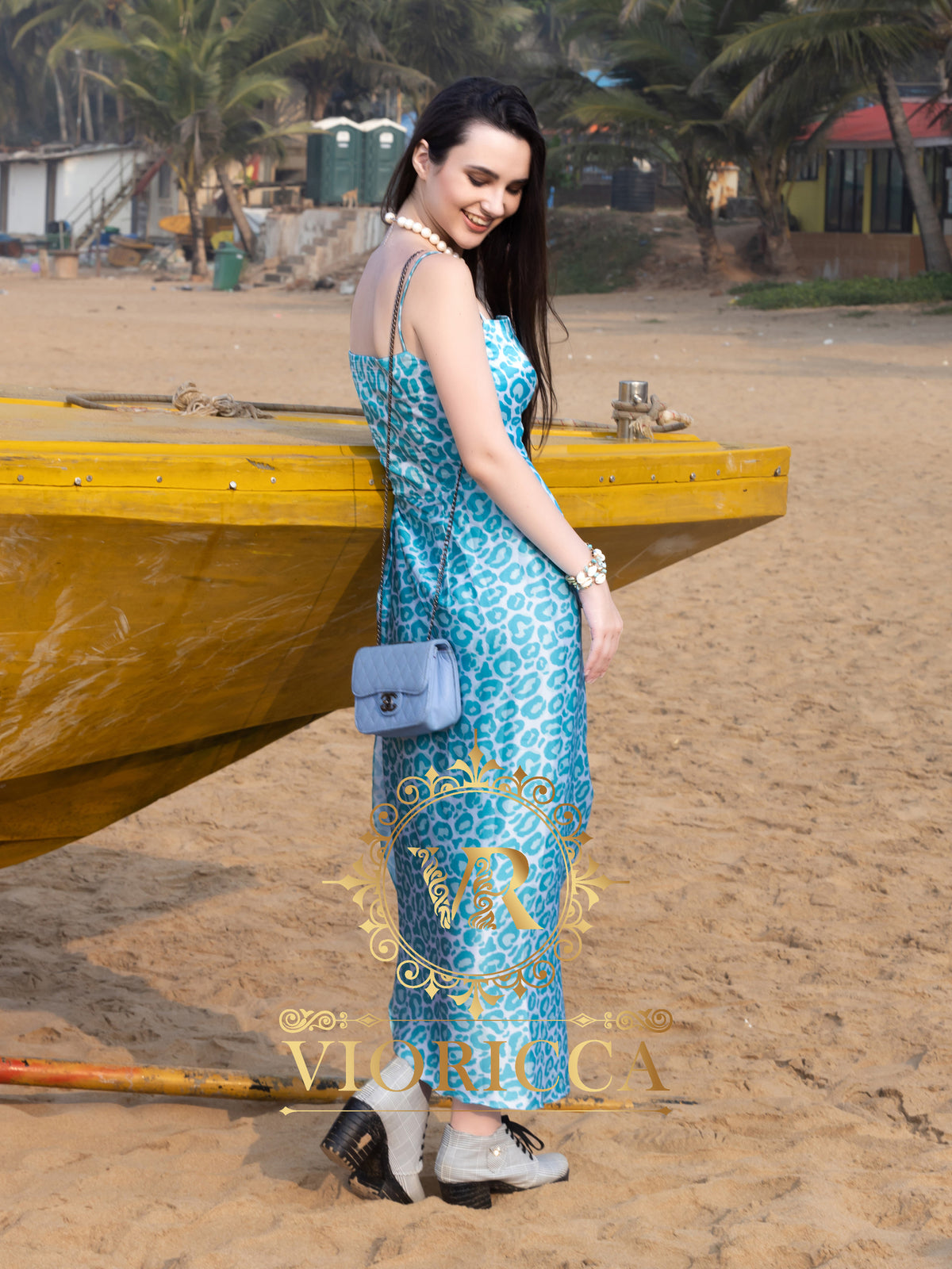 Spaghetti-Strap Draped Long Dress — Cheetah Print
