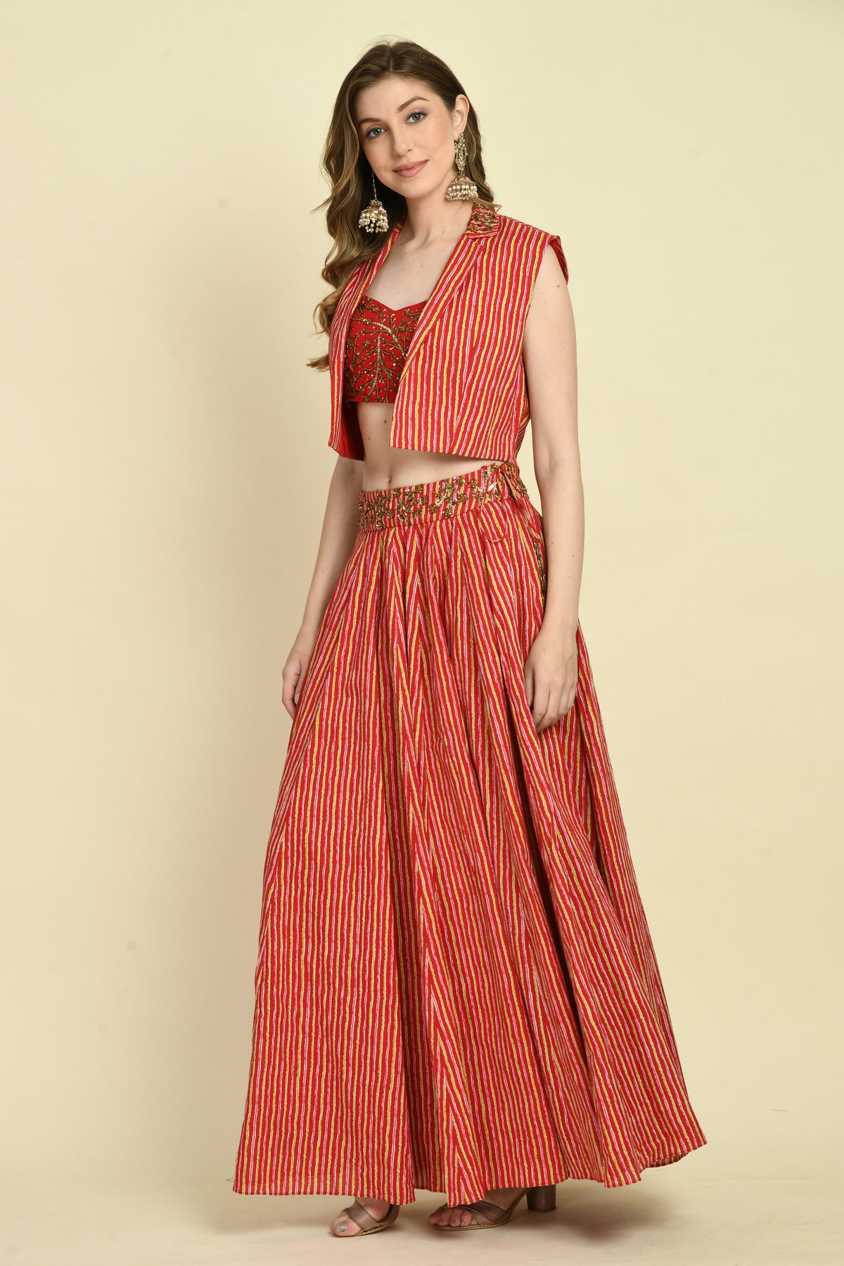 Hand Embellished Cotton Print Skirt Set with Crop Top and Jacket