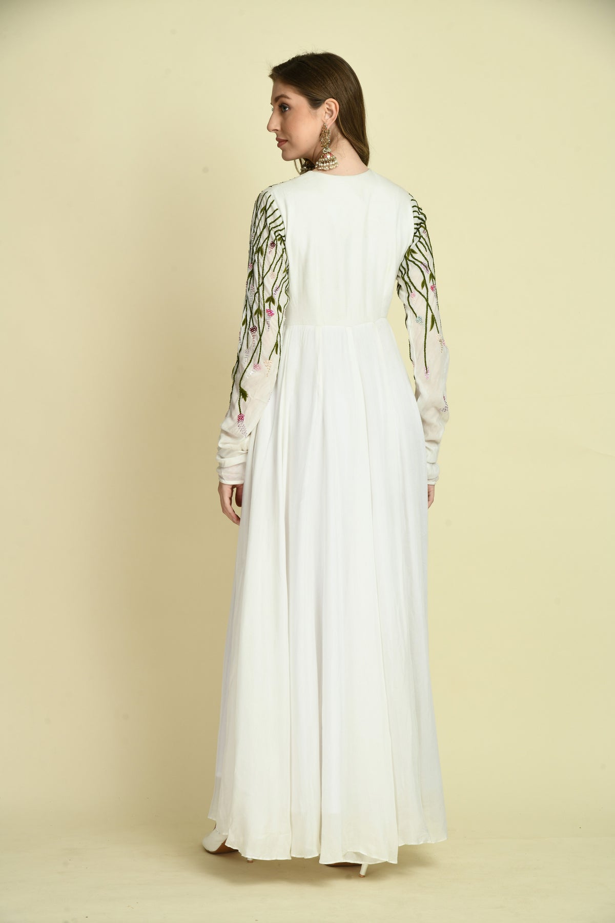 Bottle Green Floral Hand Embellished Full-Sleeve Crepe Long Dress
