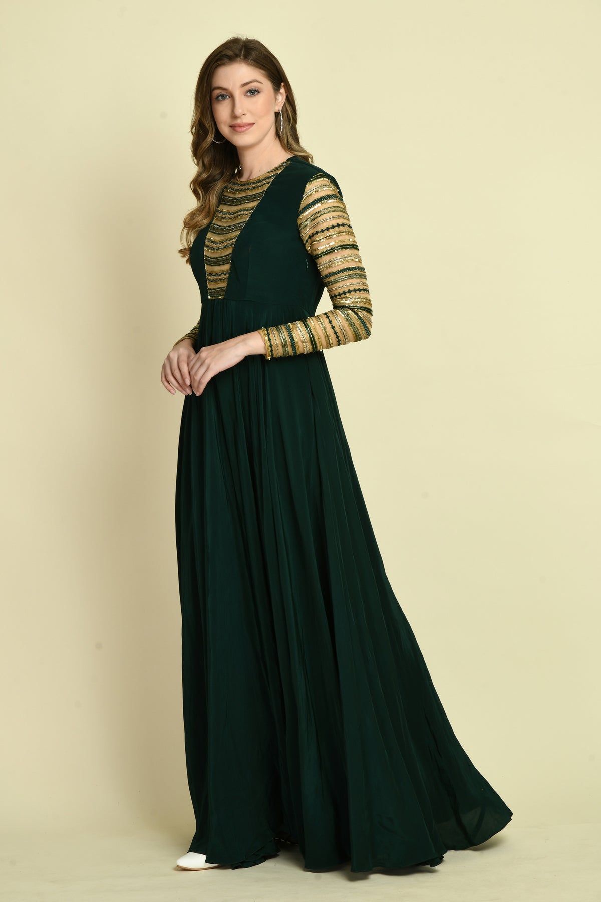 Dark Green Hand Embellished Full-Sleeve Crepe Long Dress