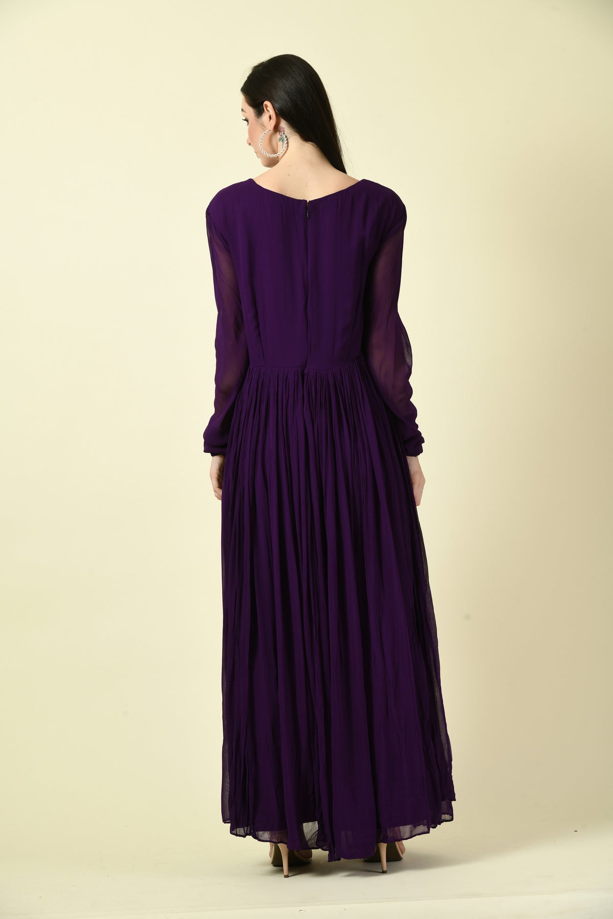 Dark Purple Hand Embellished Full-Sleeve Georgette Long Dress