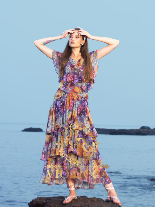 V-Neck Ruffle Tiered Long Dress – Satin Floral